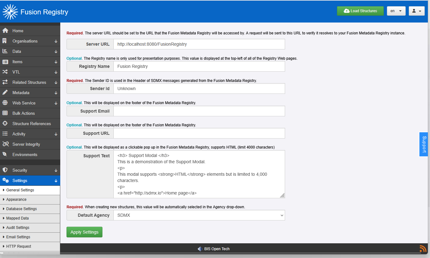 Setting the content of the support tab