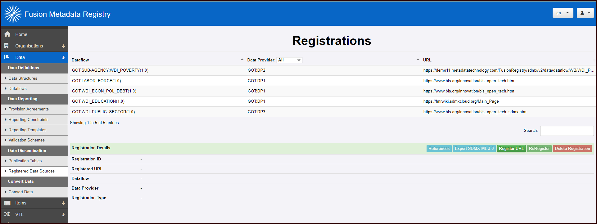 Data Registrations Page