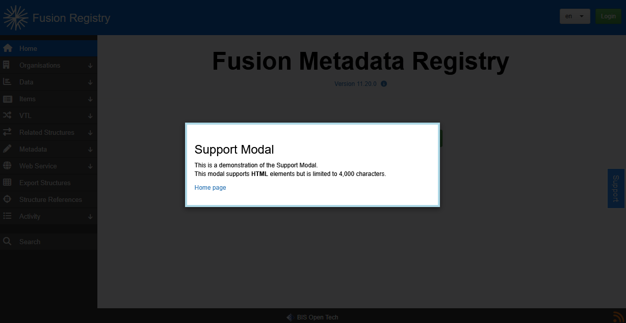 Sample contents of the Support Tab Modal